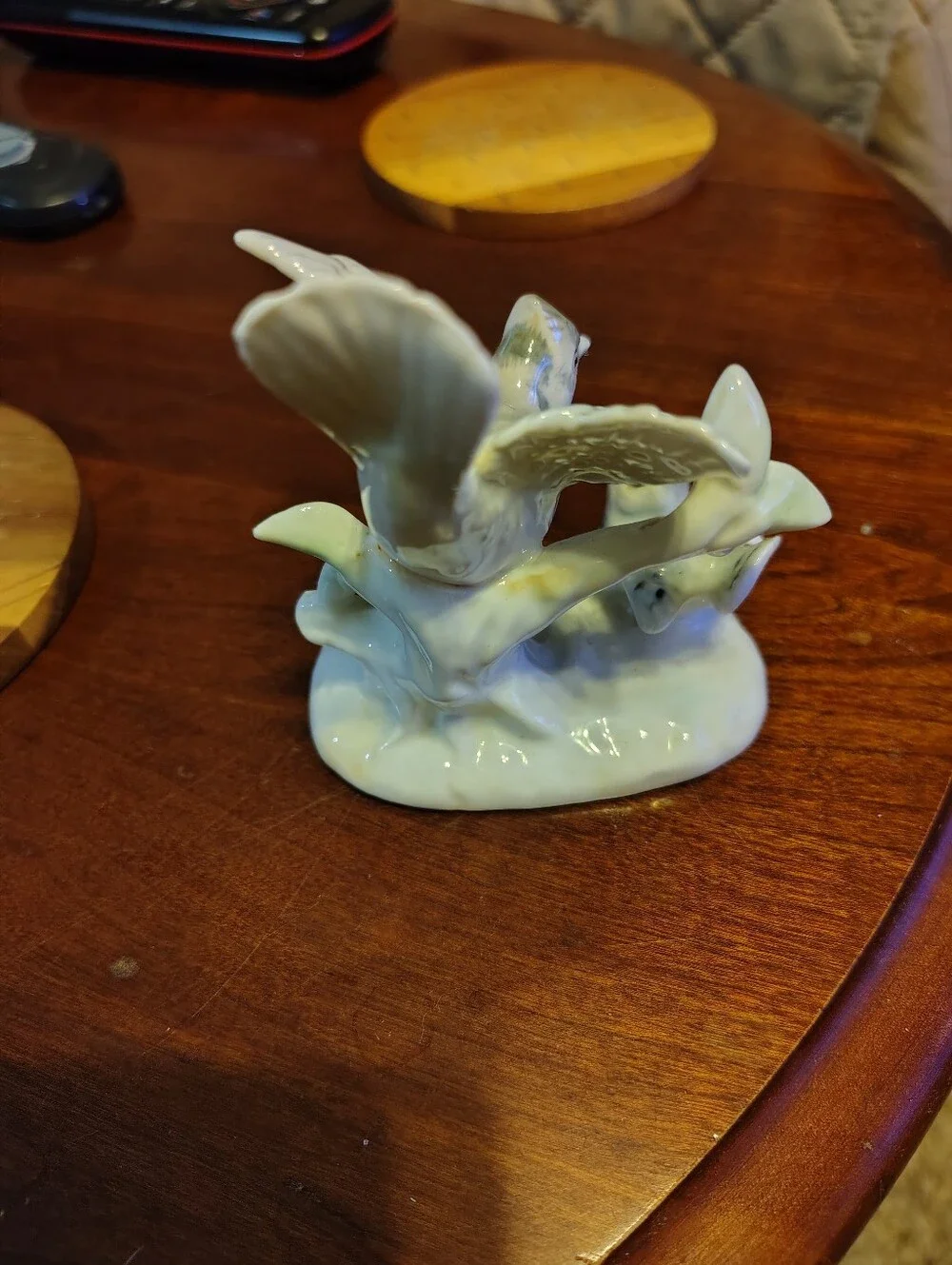 Vintage Japan Blue Jay And Baby Ceramic Bird Figurine in Pale Green -